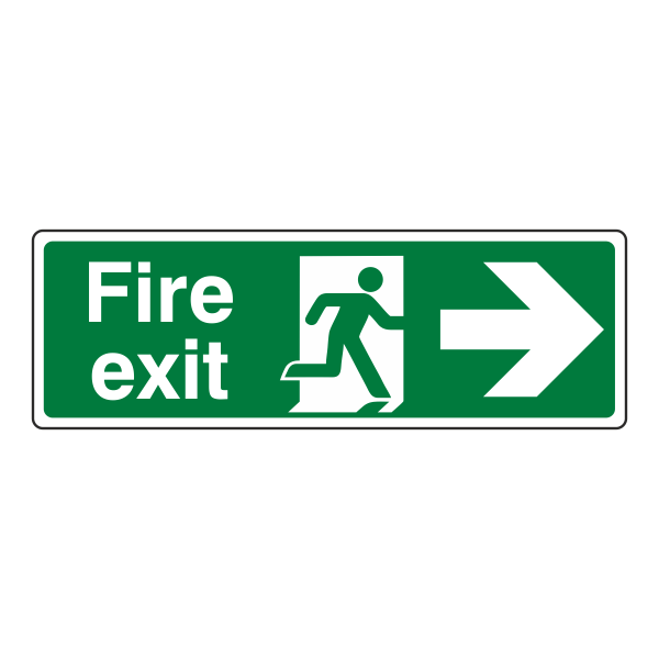 Image of sign indicating that the fire exit is located to the right