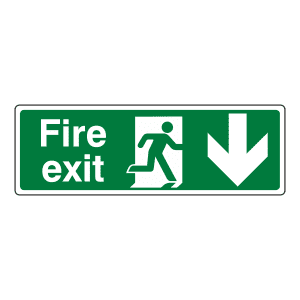 Image of sign indicating that the fire exit is located down from here