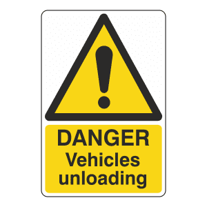 Hazard sign stating danger, vehicles unloading.