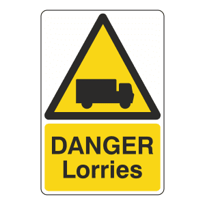 Hazard sign stating danger, lorries.
