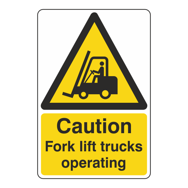 Hazard sign stating caution, forklift trucks operating.