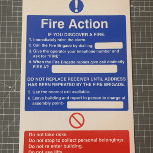 Fire action sign FA7 200x300mm on rigid plastic