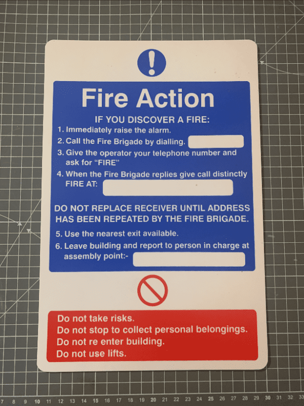 Fire action sign FA7 200x300mm on rigid plastic