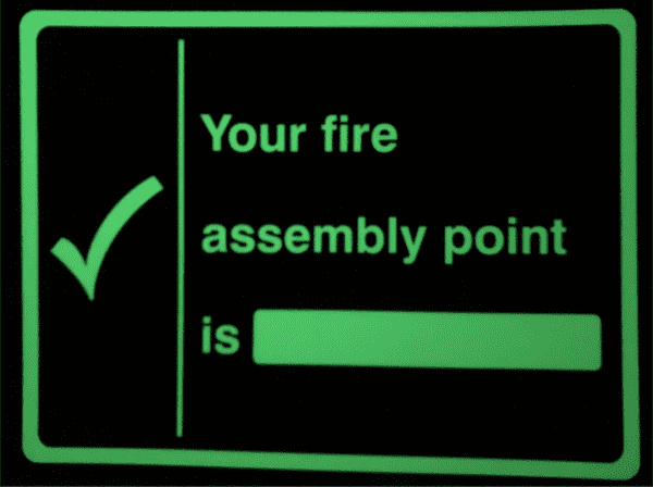 Photoluminescent fire assembly point location signAC