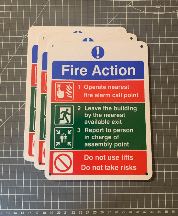 4 point fire action notice on 1mm rigid plastic, 150x200mm