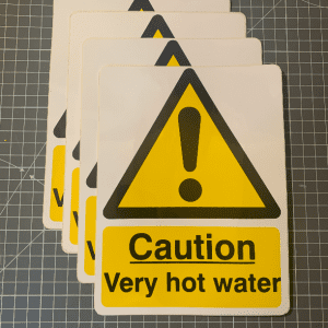 Self adhesive vinyl caution hot water 150x200mm
