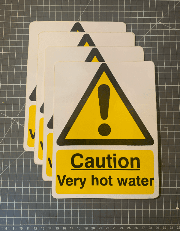 Self adhesive vinyl caution hot water 150x200mm