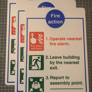 3 point fire action notice, 200x300mm on rigid plastic