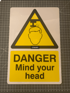 Mind your head sign, 200x300mm on rigid plastic
