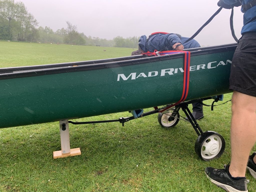 A canoe trolley made from an old golf bag trolley.