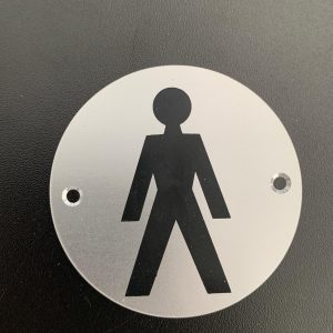 Brushed silver male toilet sign.