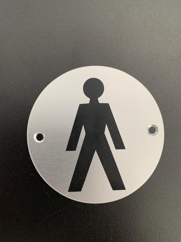 Brushed silver male toilet sign.
