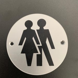 Brushed silver unisex toilet sign.
