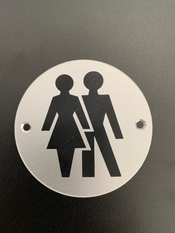Brushed silver unisex toilet sign.