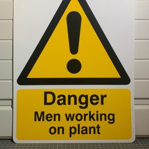 Danger men working on plant sign.