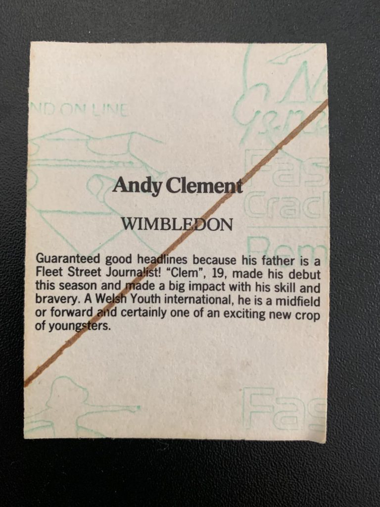 Andy Clement (Wimbledon) Sticker Reverse Side.