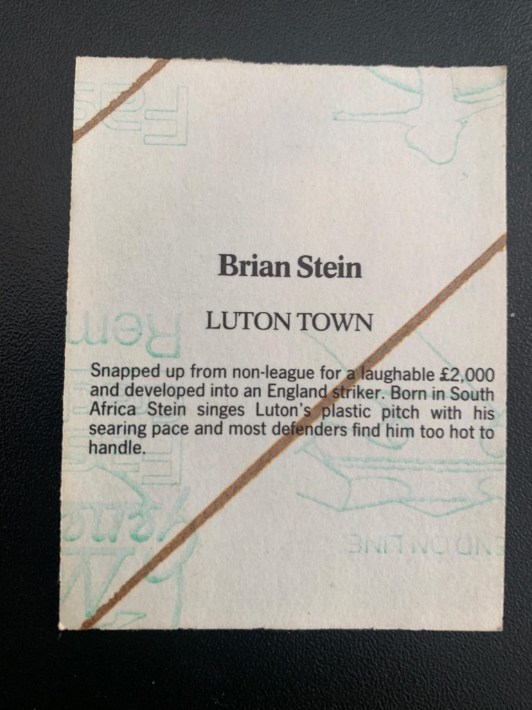 Reverse side of Brian Stein sticker from 1986-87 season.