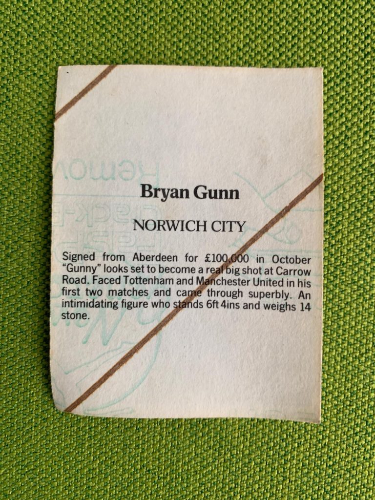 Bryan Gunn (Norwich City) sticker 1986-87 season sticker reverse side.