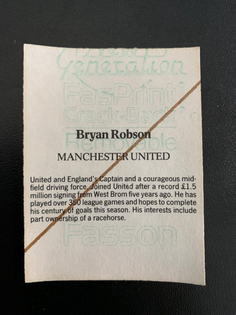 Reverse side of Bryan Robson sticker from 1986-87 season..