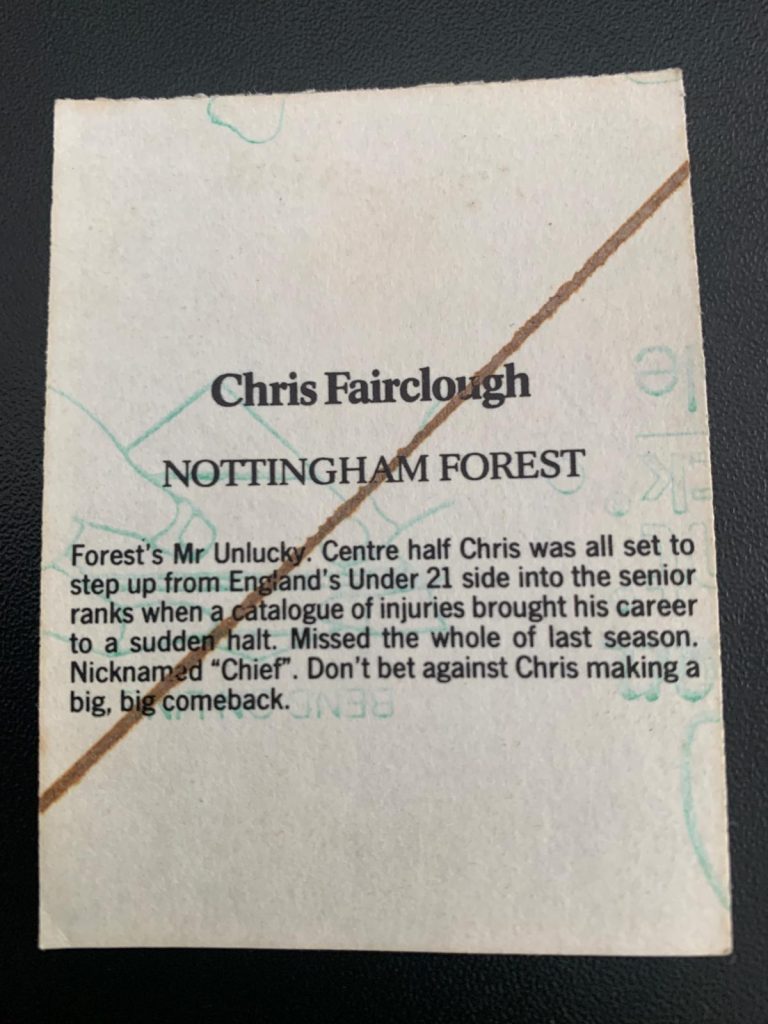 Reverse side of Chris Fairclough sticker from 1986-87 season.
