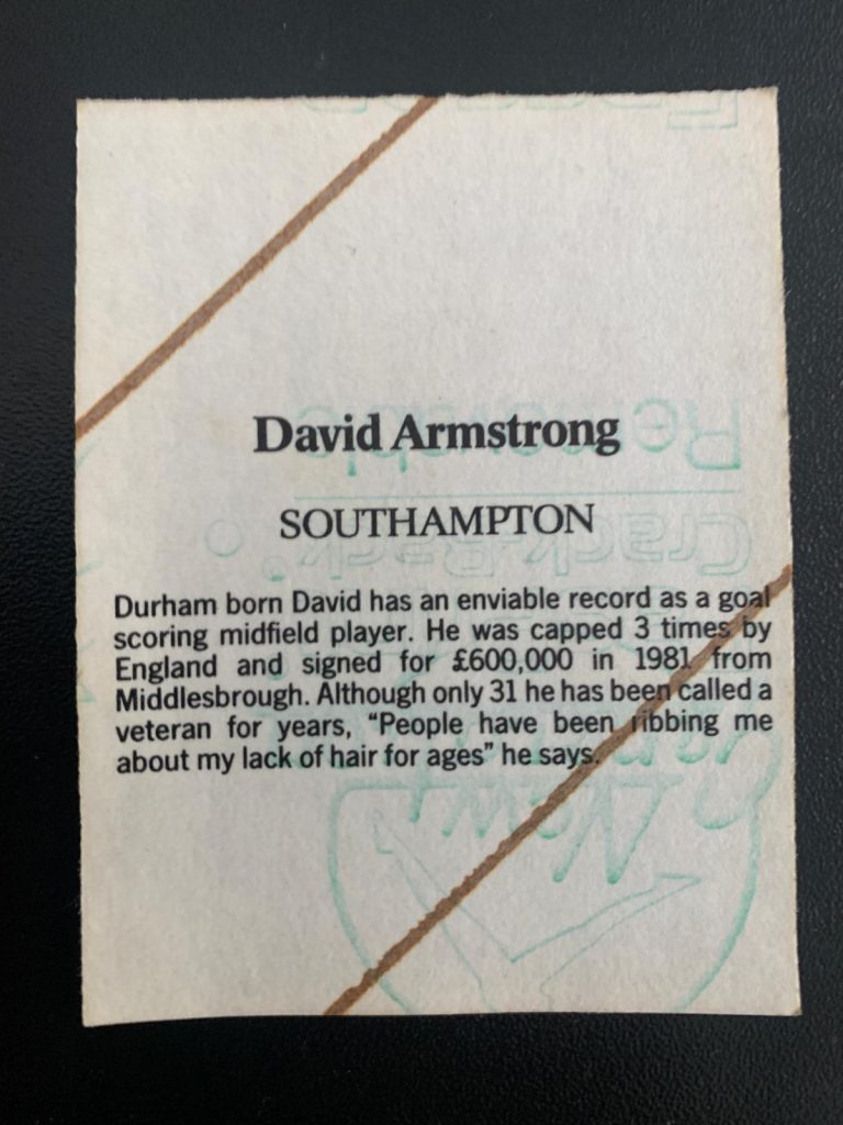 Reverse side of David Armstrong sticker (Southampton) from 1986-87 season.