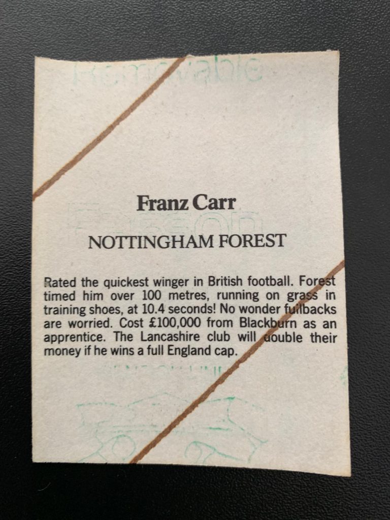 Reverse side of Franz Carr sticker 1986-87 season.