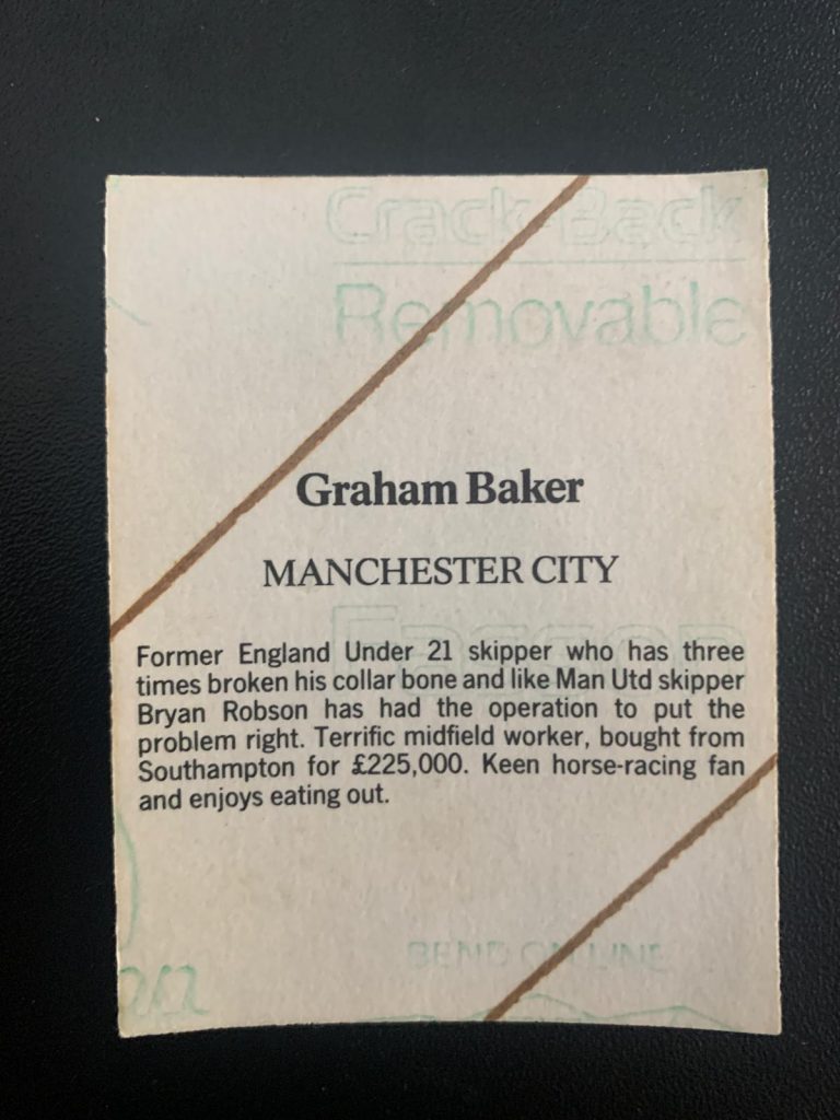 Reverse side of Graham Baker sticker from 1986-87 season..