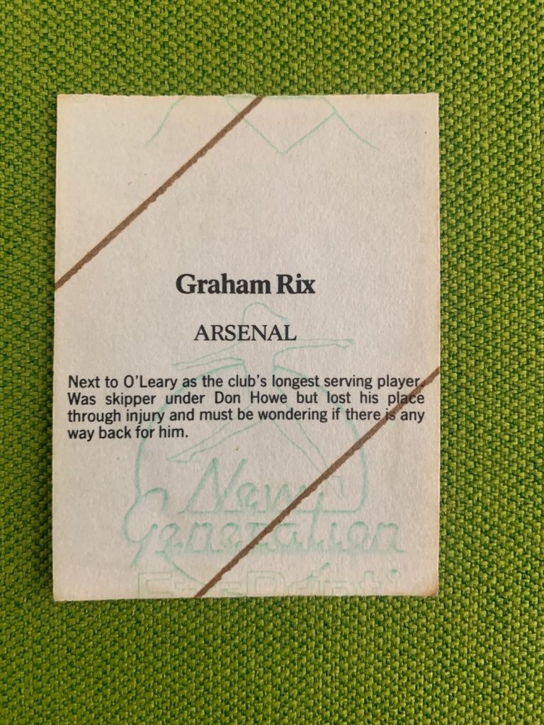 Reverse side of Graham Rix Sticker From 1986-87 Season.