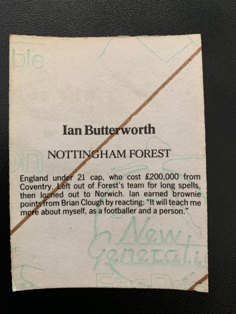 Reverse side of Ian Butterworth sticker 1986-87 season