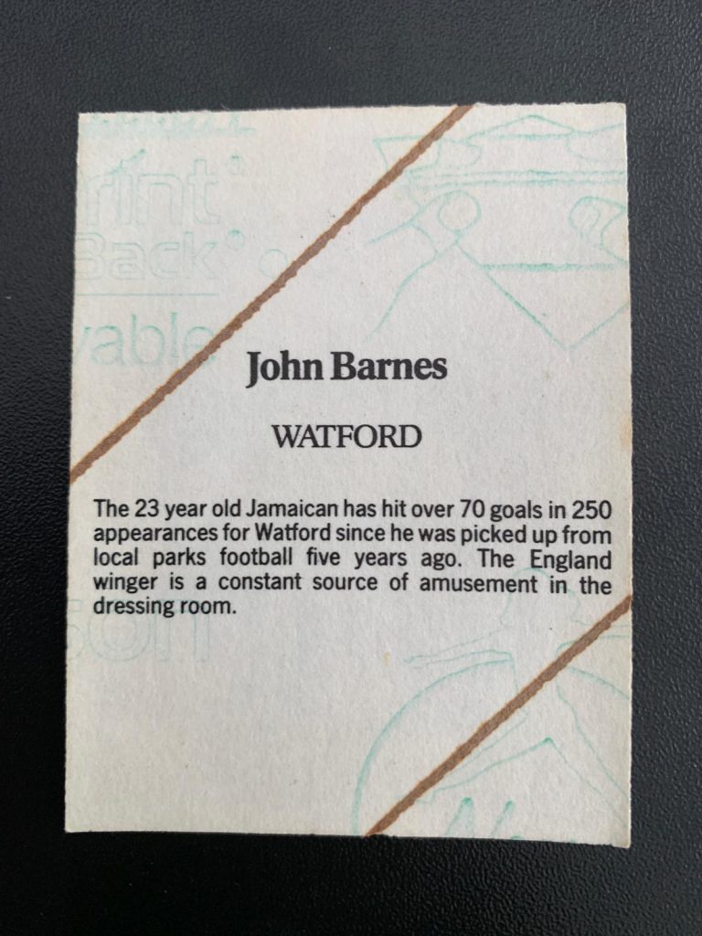 Reverse side of John Barnes sticker from 1986-87 season.