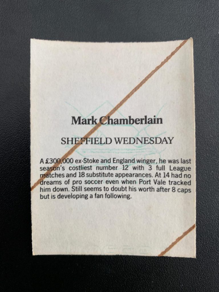Reverse side of Mark Chamberlain sticker from 1986-87 season.
