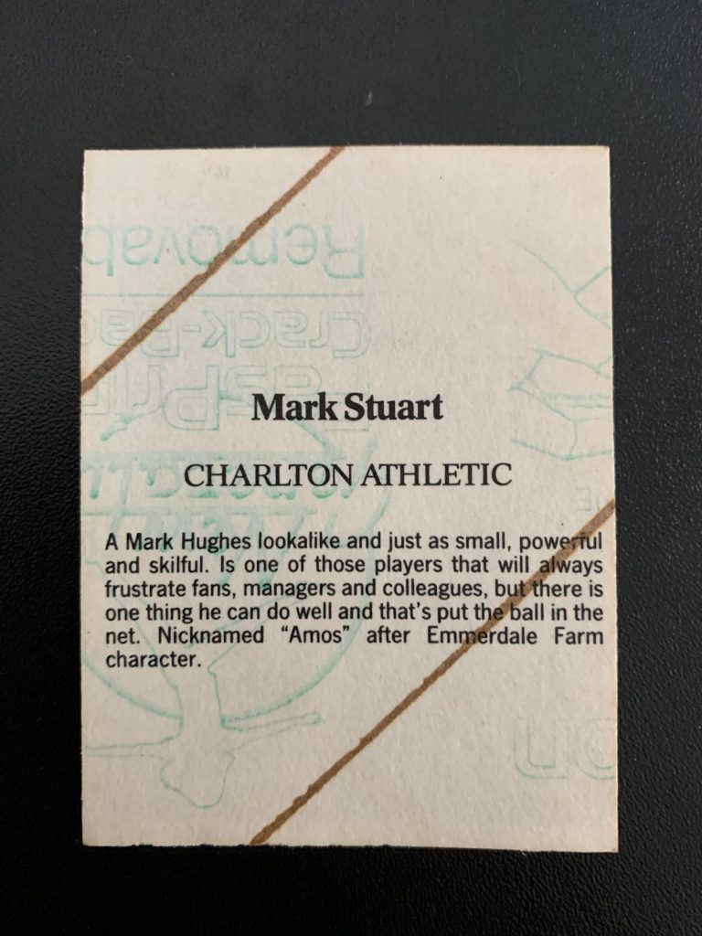 Reverse side of Mark Stuart sticker from 1986-87 season.