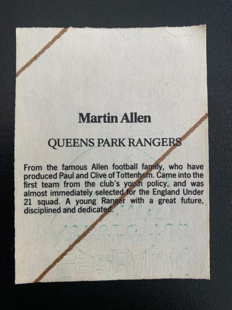 Reverse side of Martin Allen sticker from 1986-87 season..