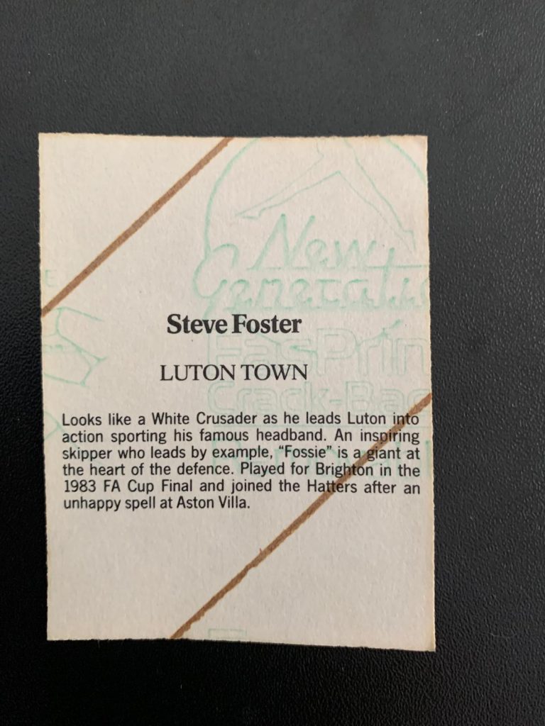 Steve Foster (Luton Town) sticker reverse side - 1986-87 season..