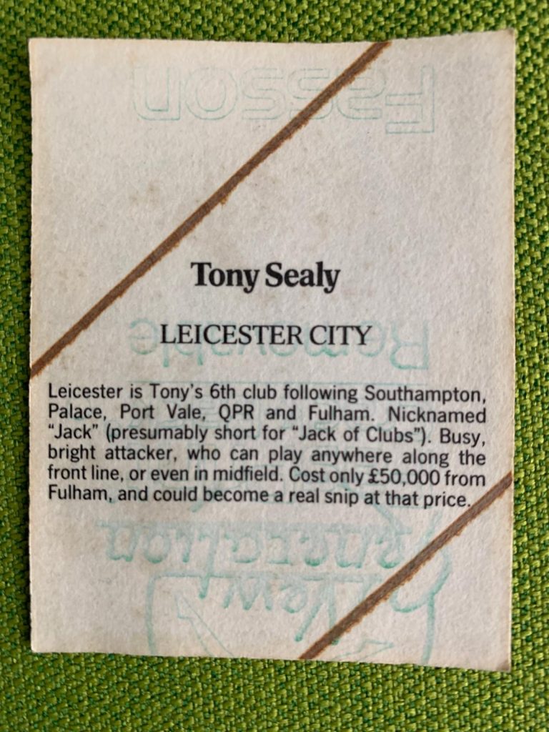 Tony Sealy (Leicester) stick from 1986-87 season reverse side